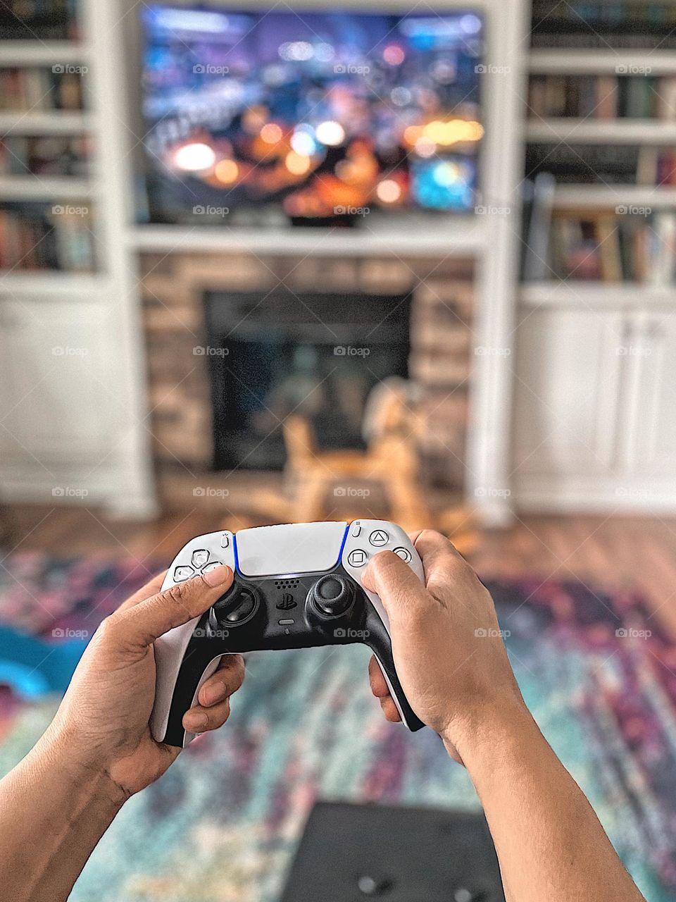 Woman playing PlayStation 5, woman playing Spider Man on PlayStation, woman using gaming controller, woman plays video games on big screen tv, woman gaming at home, relaxing activities at home, playing video games at home, women gamers
