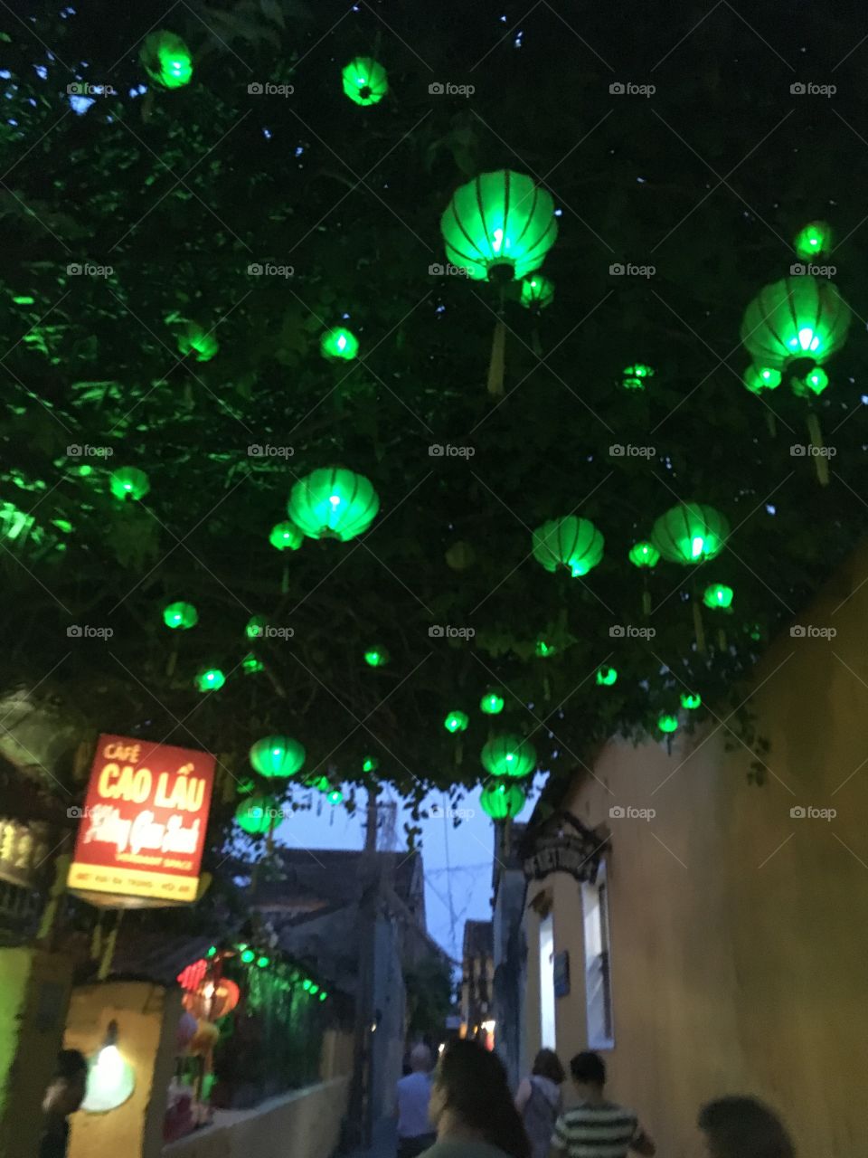 Green lanterns hanging in Hoi An 