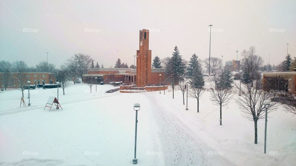 Ferris State's clock tower on a blustery winter day.