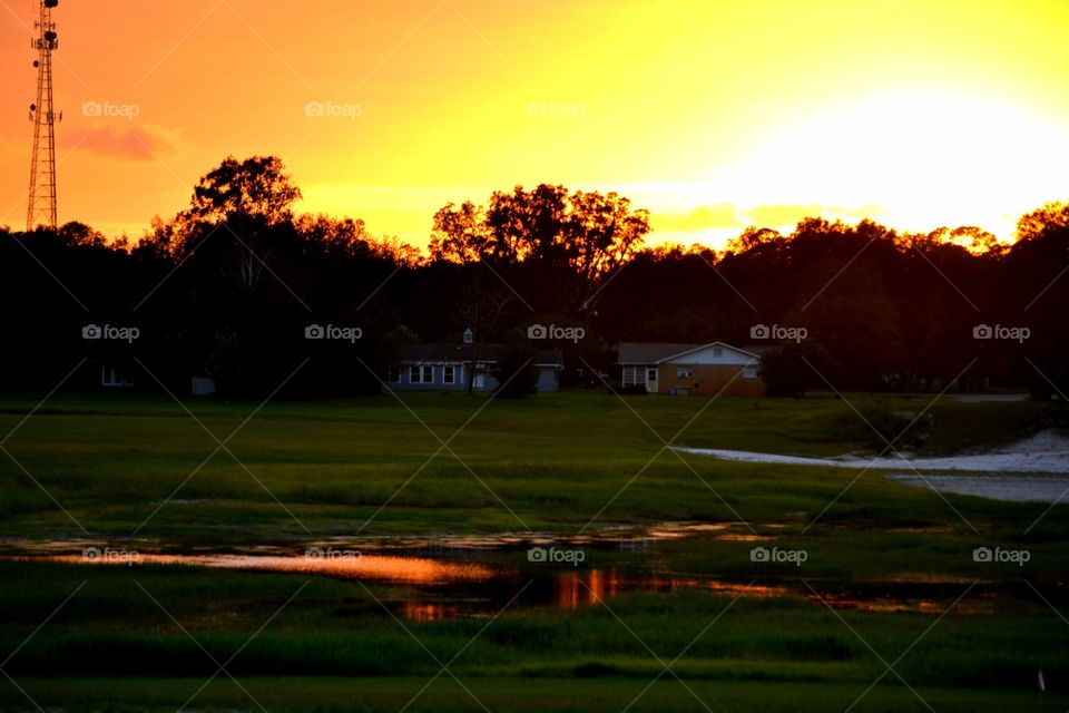 Sunset, Golf, Landscape, Dawn, Tree