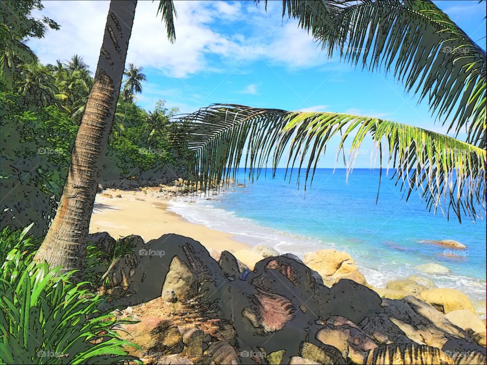 Colored drawing of sea and beach in tropical exotic landscape, in Abra De Ilog, Mindoro, Island of Philippines