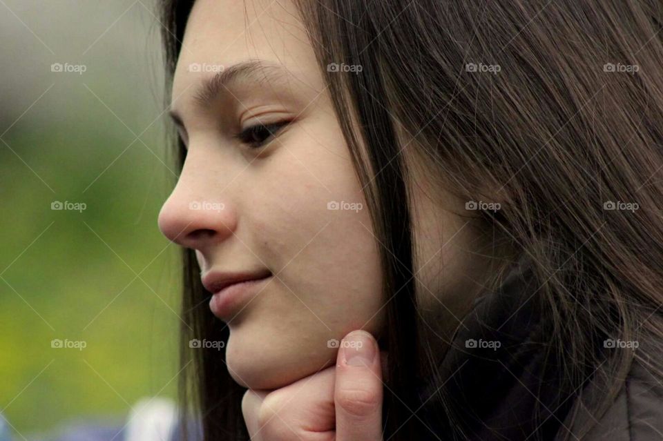 Portrait photography/ Girl's face in profile/ People watching/ Young model with dark brown hair and fair tanned skin