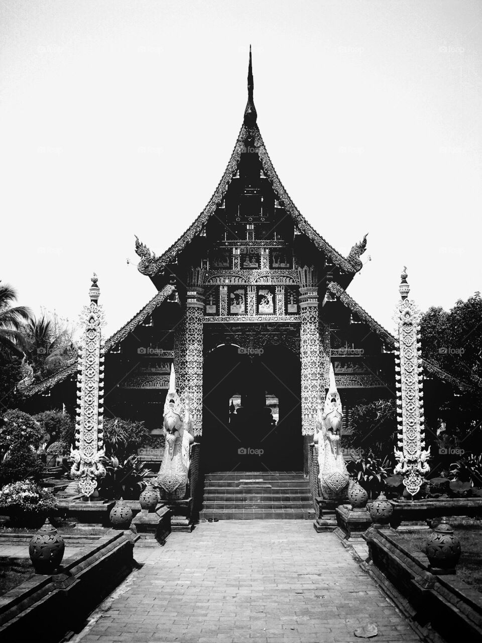 Northern Thai temple in black and white