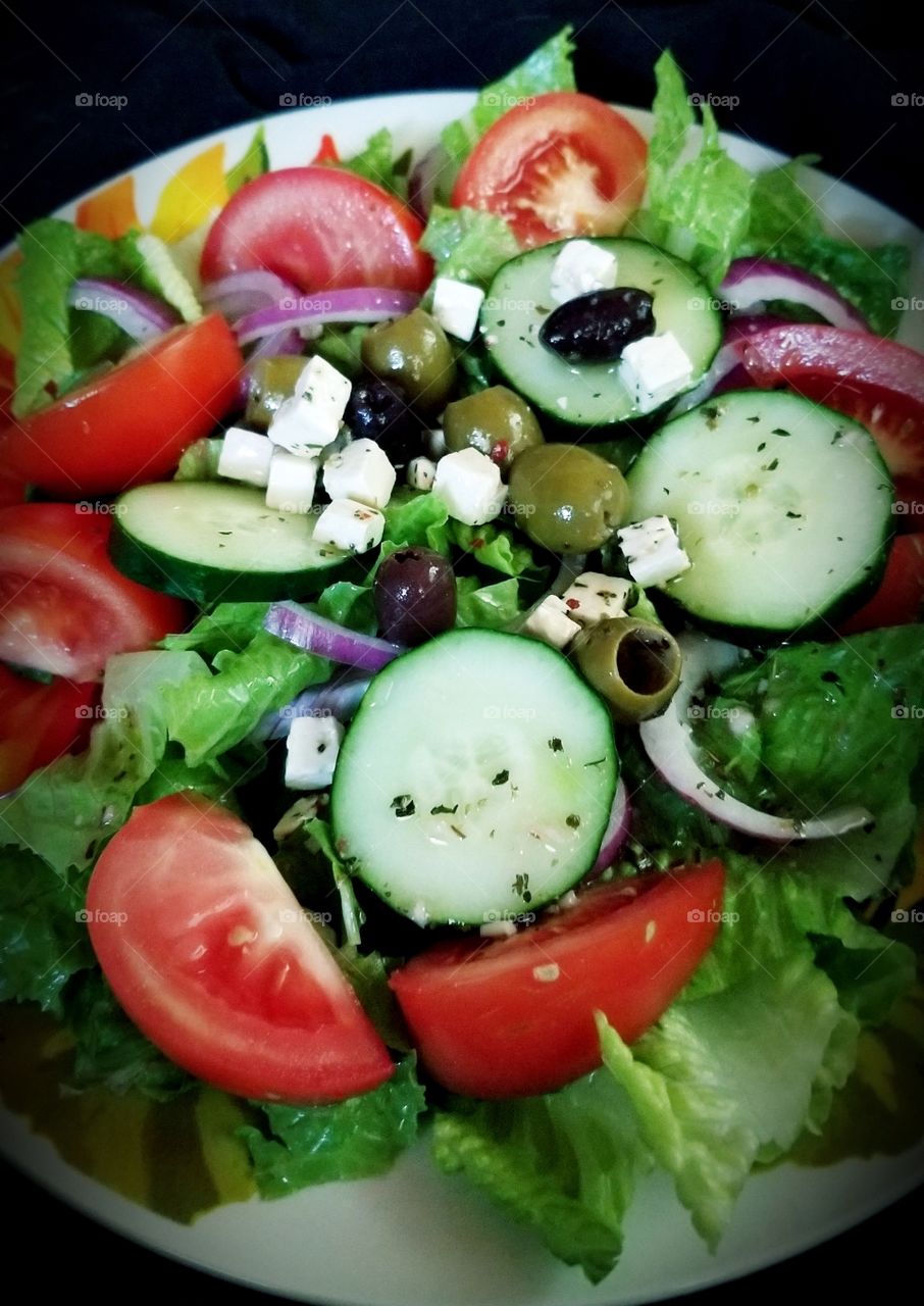 fresh homemade salad greek feta cheese cucumber tomato onion