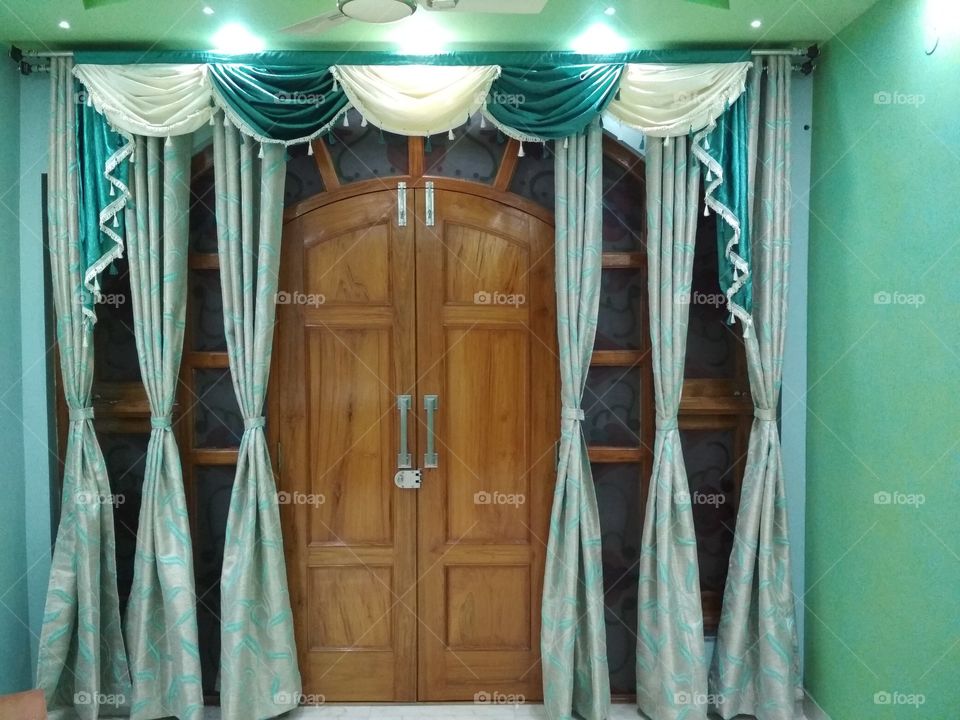 Beautiful Window Valence, Curtains and Wooden Door