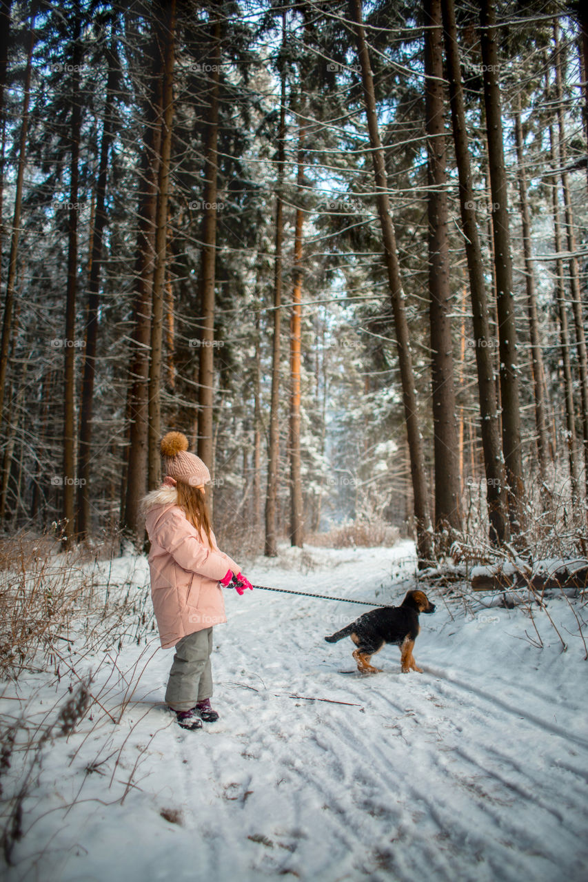 Little girl with German shepherd puppy in a winter park 