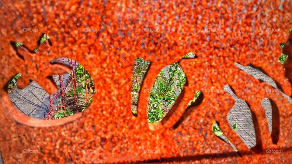 garden through rusty gate. looking beyond the rust