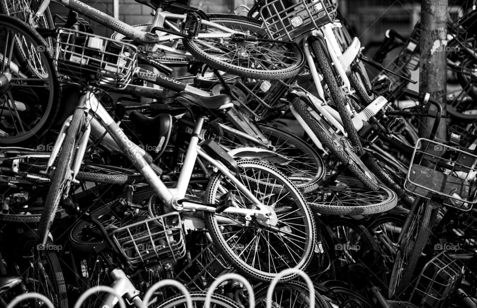 Asia China Beijing bike chaos rent bike as trash public bike black and white