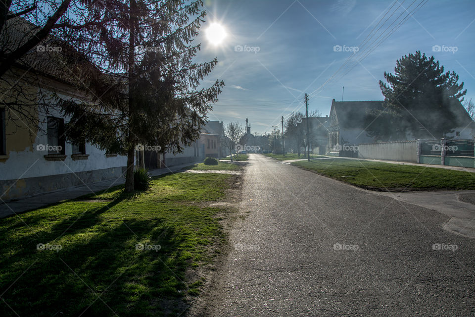 End of the street in small village. early in the morning