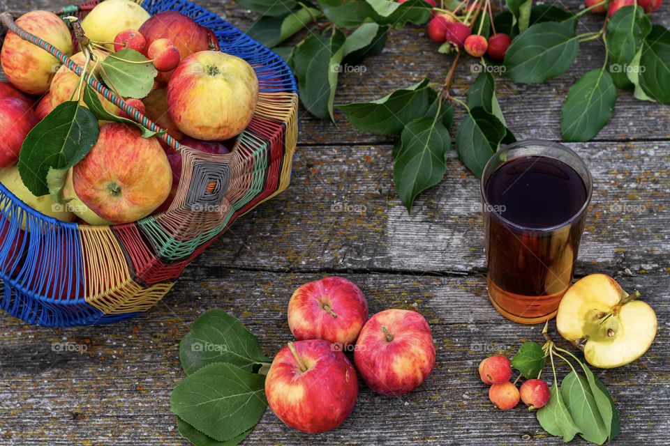 Food flat lay fresh apple and juice 