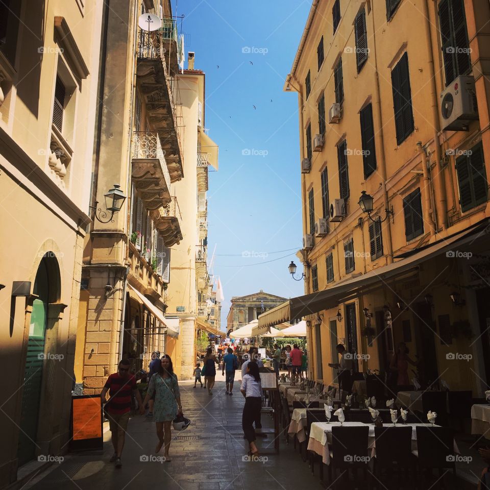 Street view in Corfu Town centre, Greece