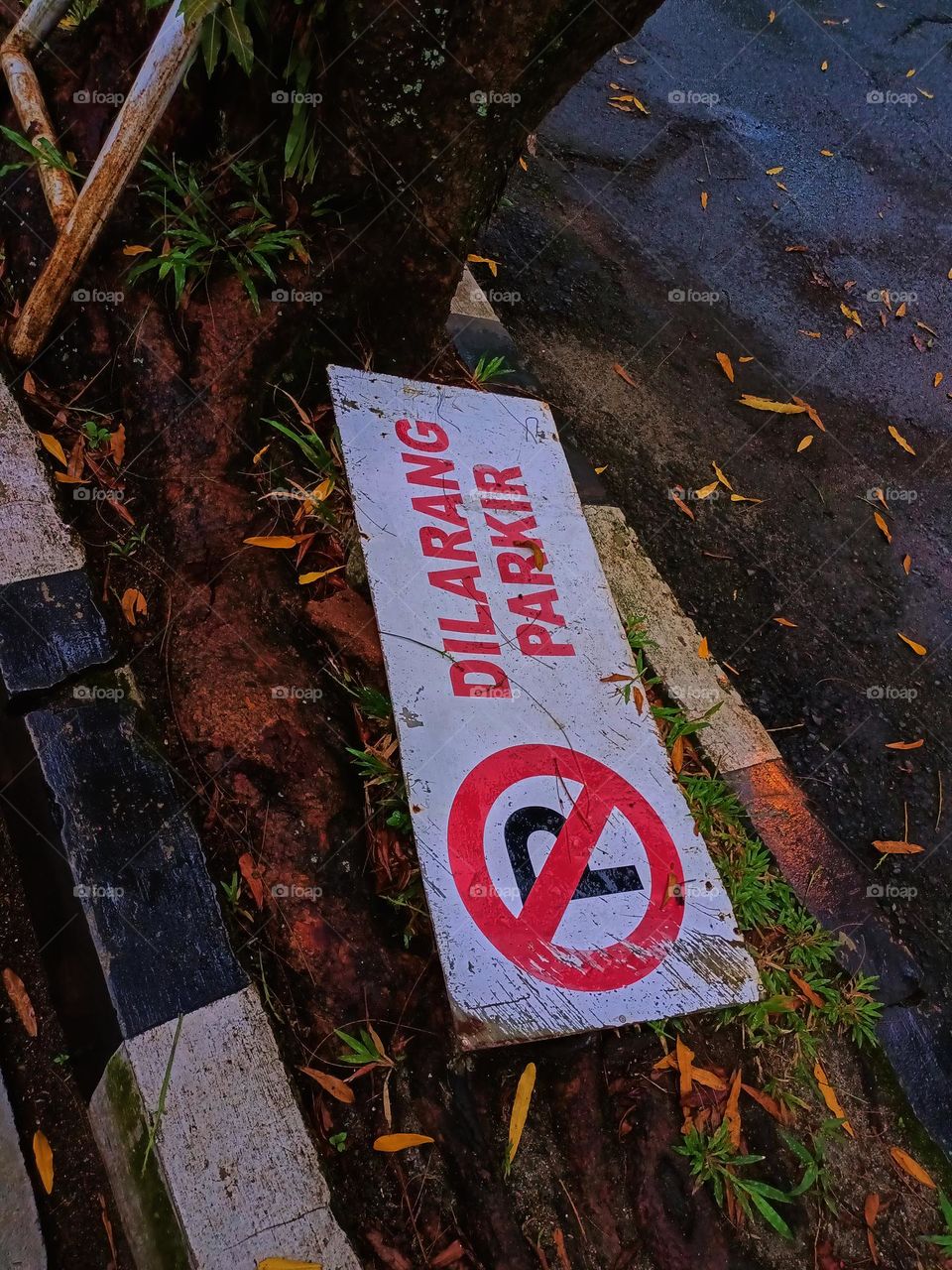 Sign no parking lying next to the road. Red road sign on the ground with stones 
and dirt in the background.