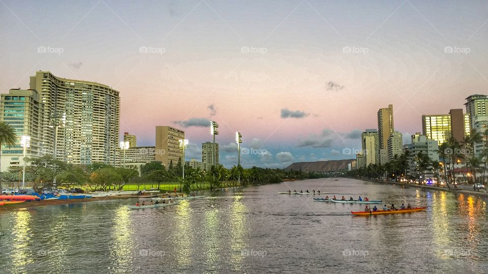 Ala Wai outrigger canoes at sunset