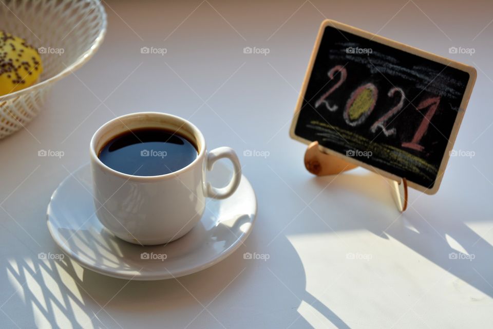 coffee cup on a white background 2021 year, morning routine