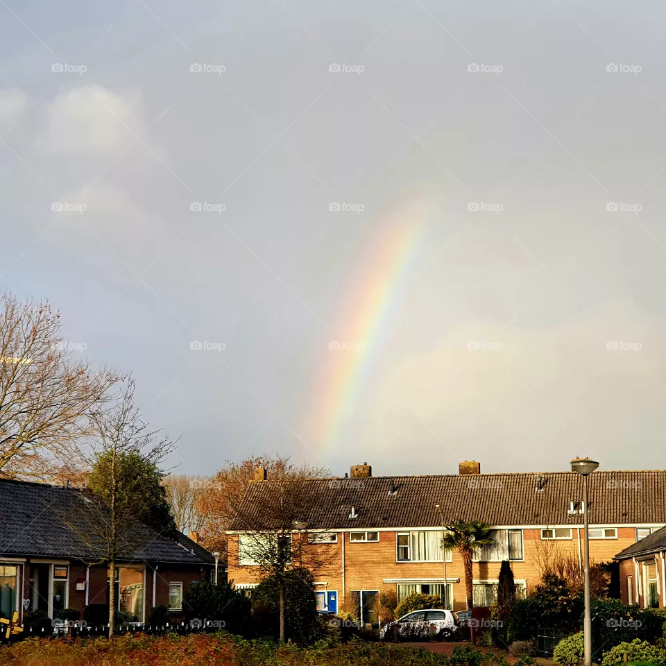 A rainbow from behind the houses.