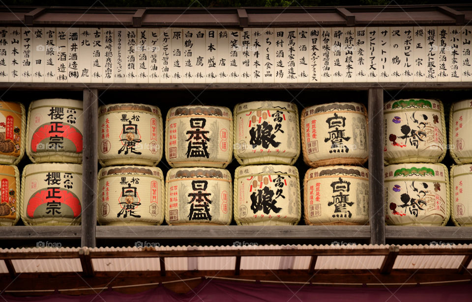 Barrels of sake in a Japanese temple