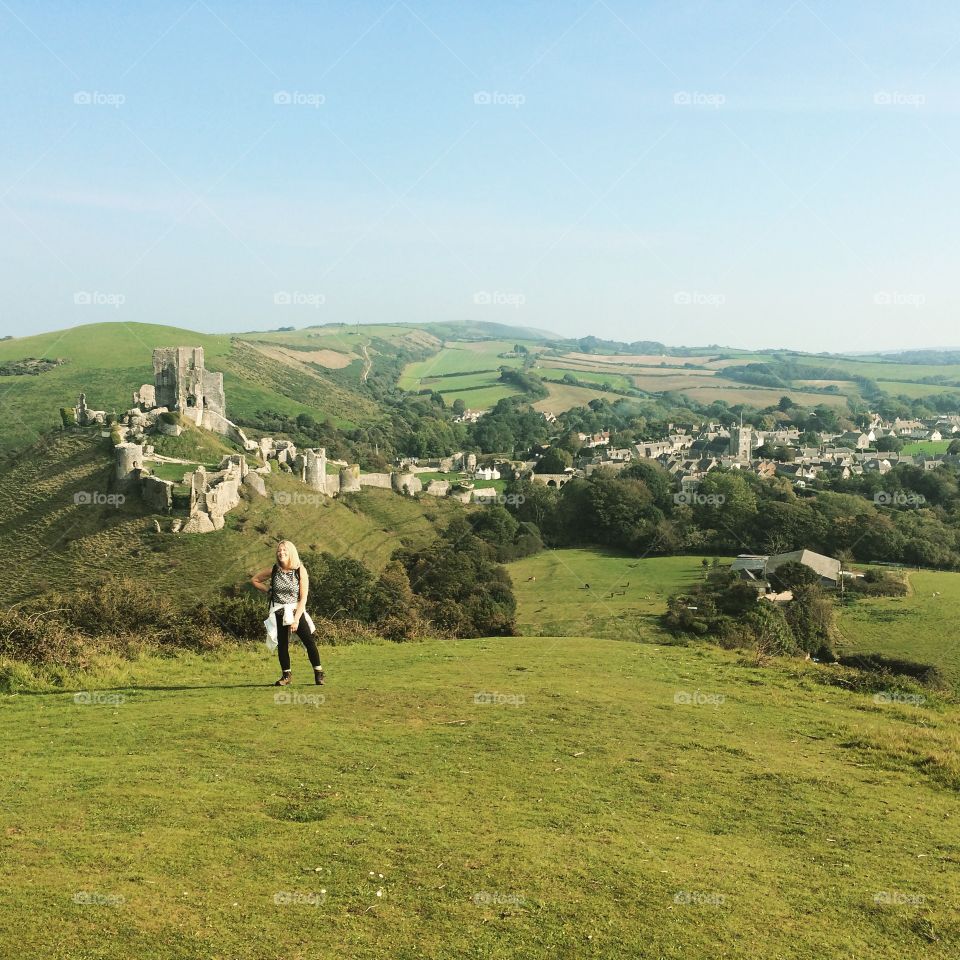 A stunning view from Corfe Castle in Dorset - ancient civilisation meets nature - and a walker! 