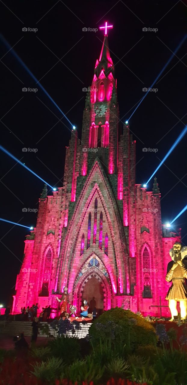 Canela Cathedral with Xmas lights. In Brazil.