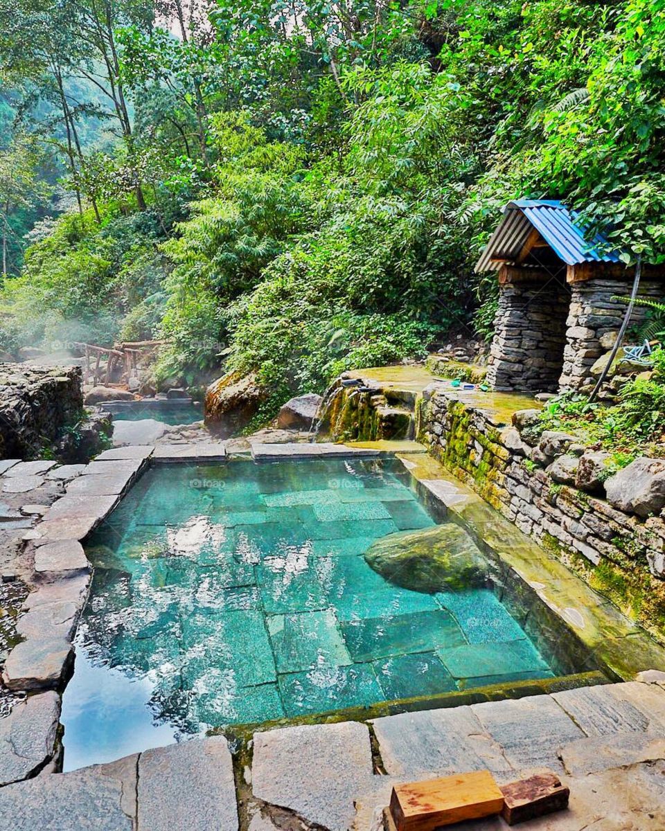 Healing hot water springs surrounded by a dense foliage.