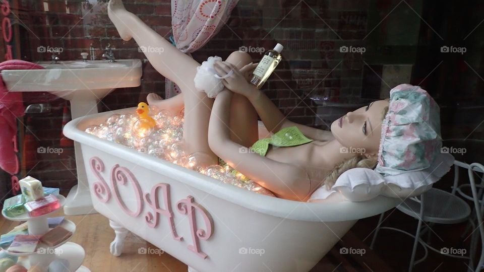 Barbie style bubble bath on storefront display