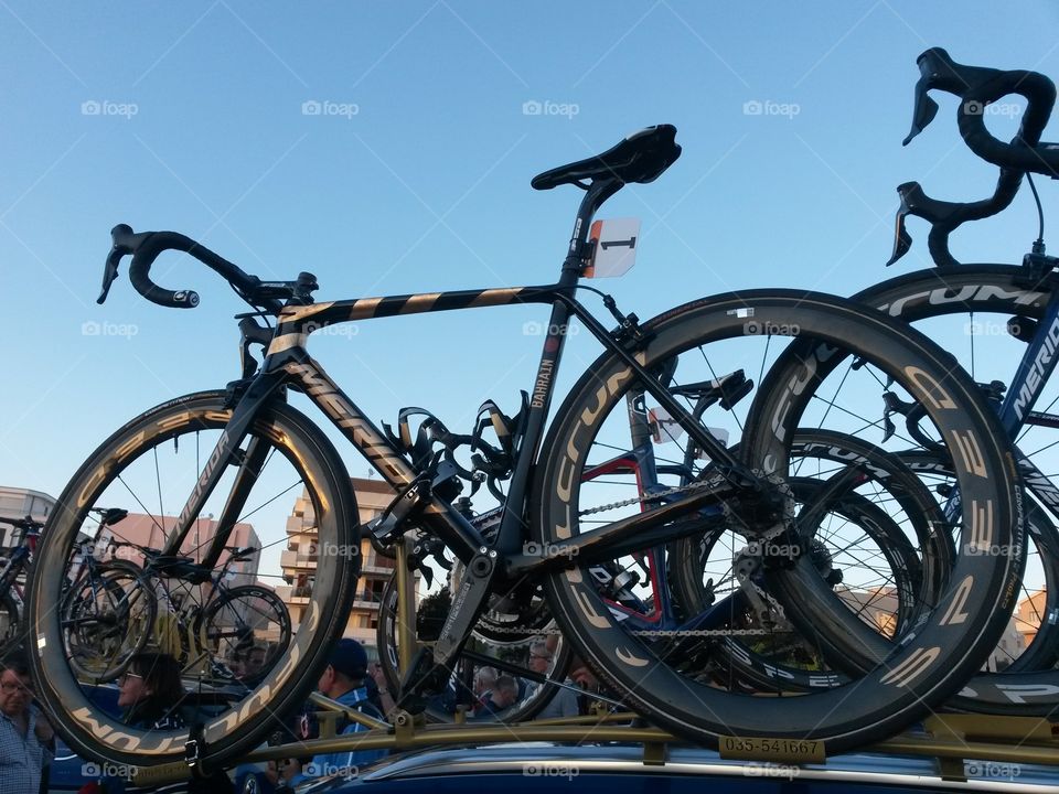 from Giro d'Italia (Tour of Italy 2017) inauguration and 1st stage. close up of Special bike of the last italian Champion Nibali