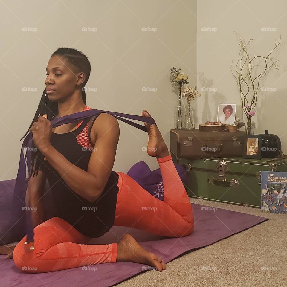 Pigeon Pose using a yoga strap