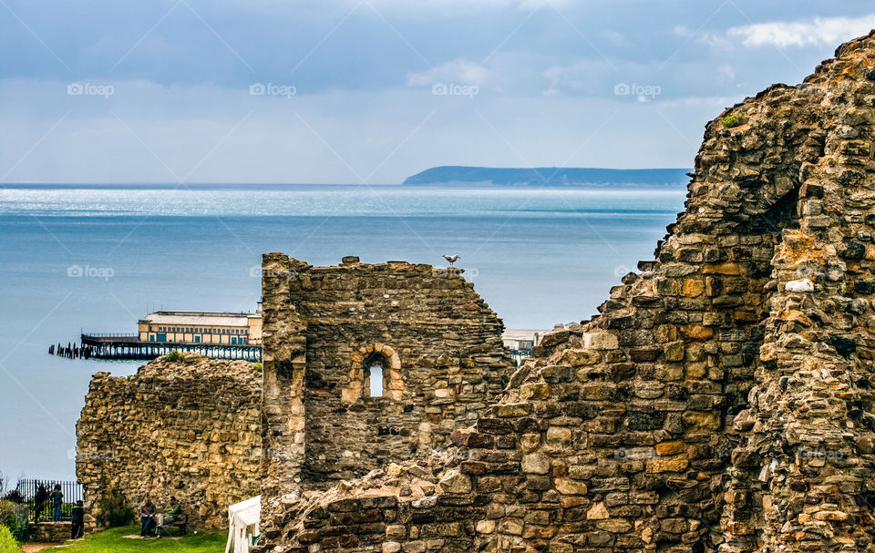 Hastings Castle, Hastings pier in the mid distance, Beachy Head on the Horizon - UK 2008