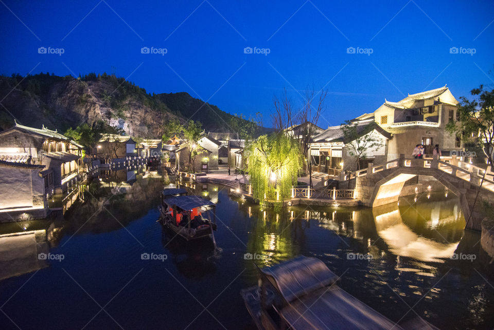 Asia China Beijing Simatai chinese water town at night light on