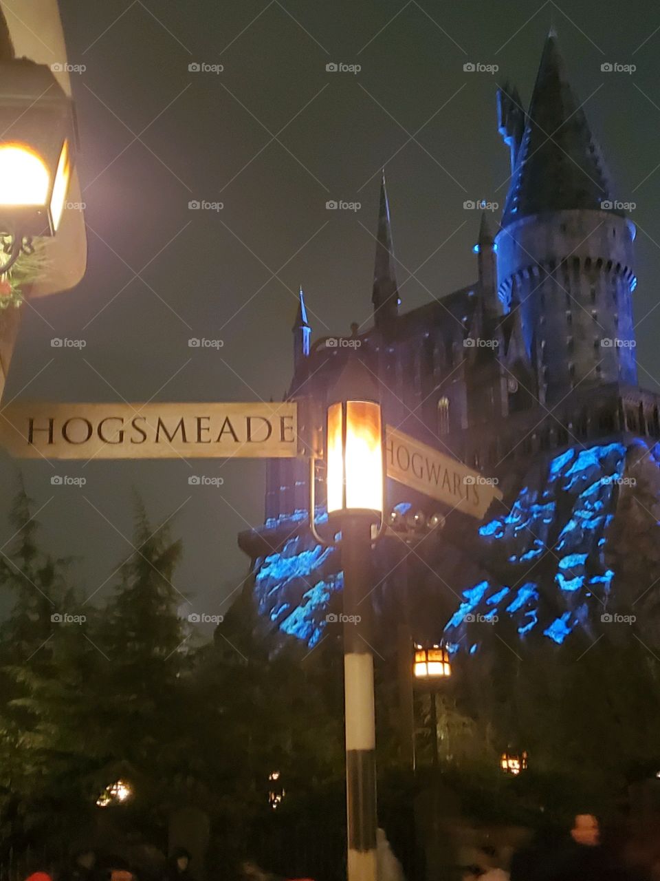 Hogsmeade street sign with Hogwarts in the background