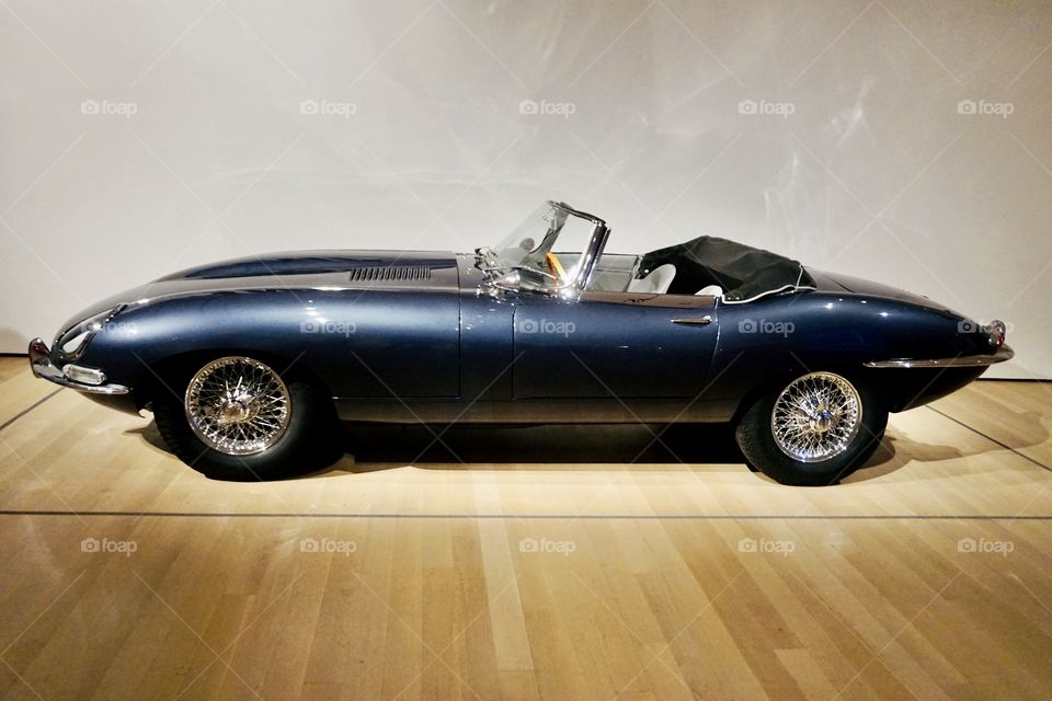 Machine Art - Cars as objects of beauty. Jaguar E-Type Roadster displayed in the MoMA AUTOMANIA exhibition. 1935 model. 