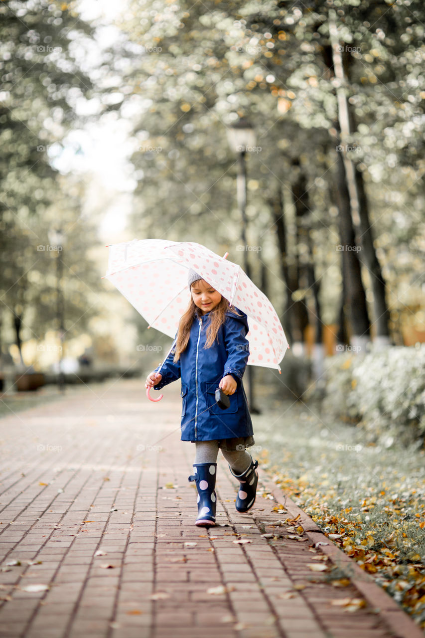 Little girl with umbrella in waterproof boots walking with chihuahua dog 