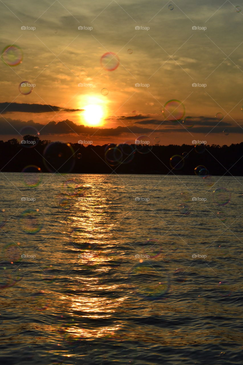 Bubbles on the lake at sunset