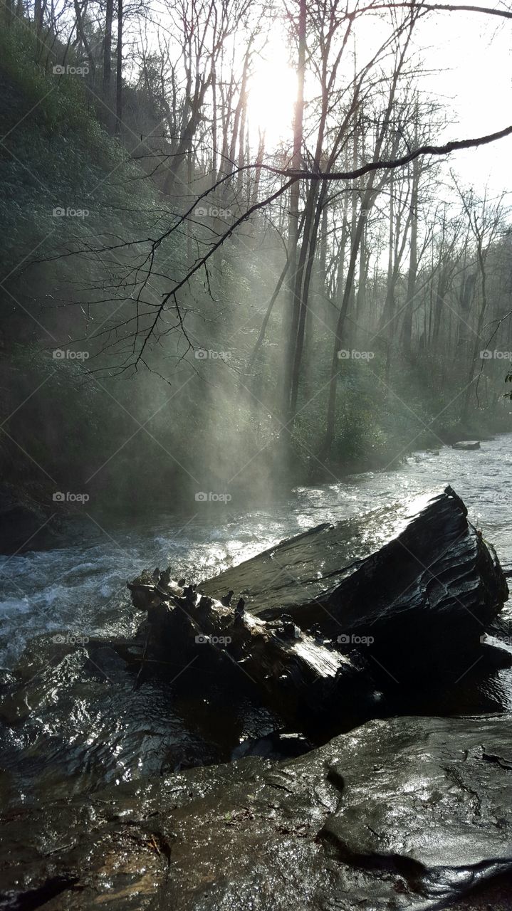 Sunlight passing on the rock in the river