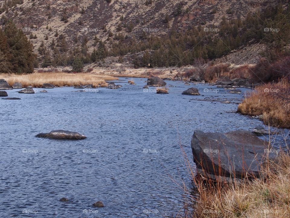 A large boulder on the banks of the Crooked River in a canyon in Central Oregon. 