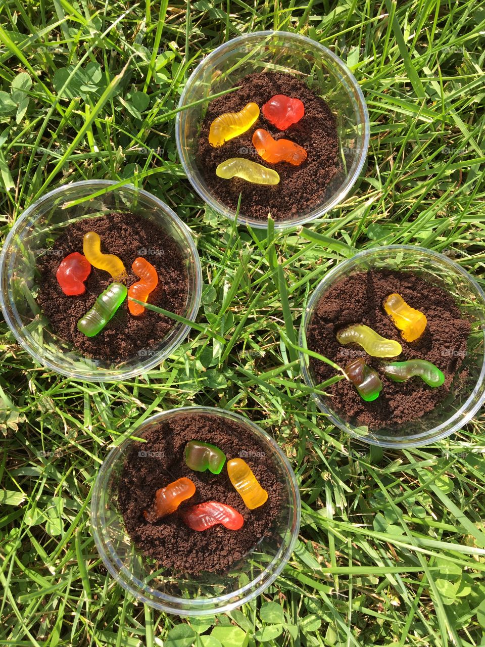Dirt Cups made of chocolate pudding, cookie crumbles and gummy 🐛 