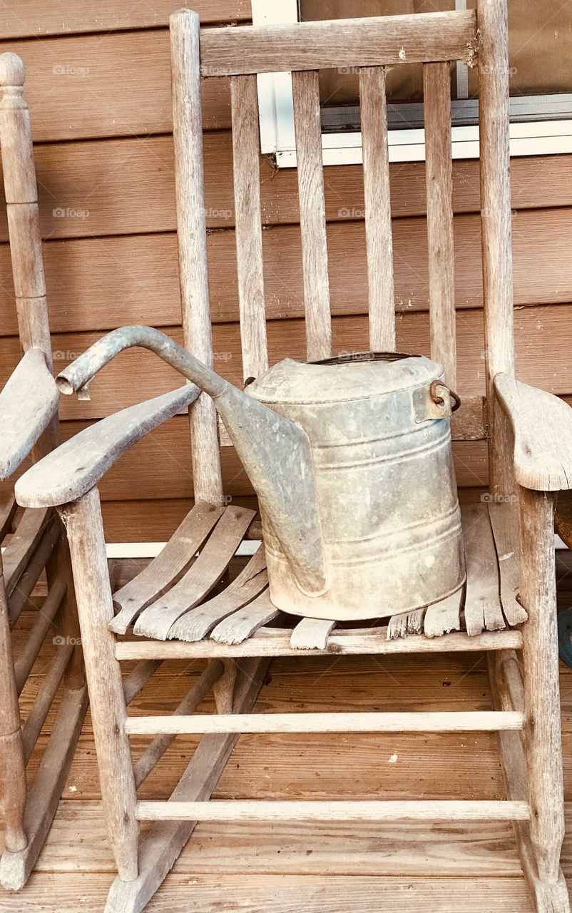 From my Aunt Clara’s collection...her antique water pail and an old retired rocking chair from the woods of South Georgia. 