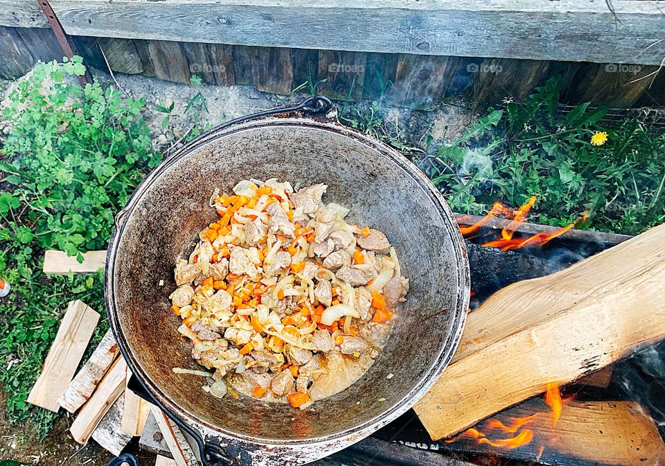 Cooking food on the campfire