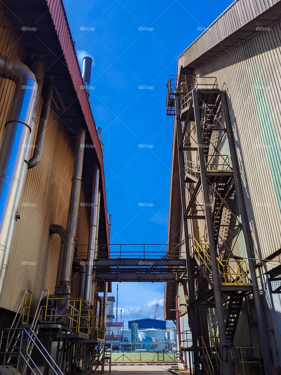 A kernel processing plant and kernel dust warehouse against a blue sky background.
