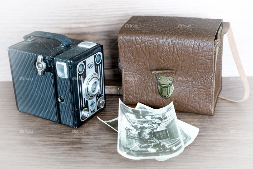 Old vintage box camera with the leather bag and some black and white photos taken with it 