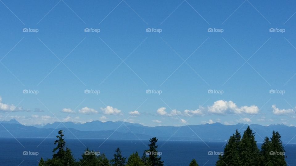 View over tree tops overlooking pacific ocean and mainland mountains with blue sky and clouds