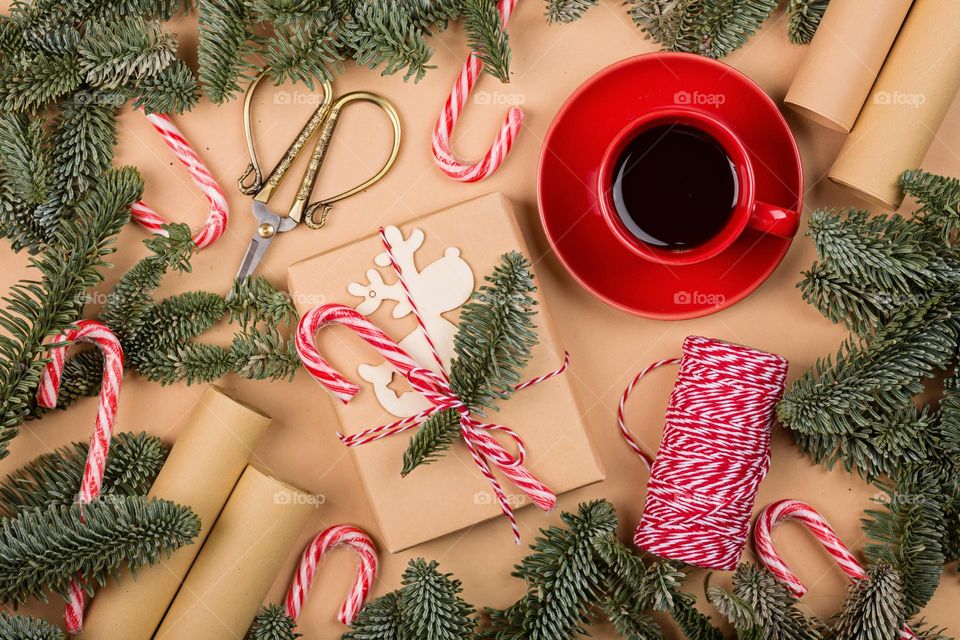 Christmas gift box and coffee cup