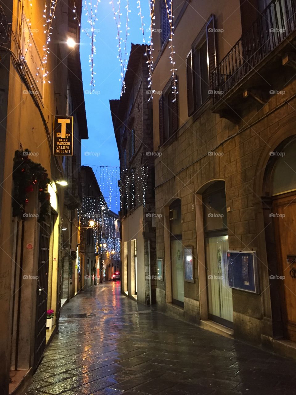 Dusk shot of the streets of Todi, Italy. Shot at dark after a rainy day during the Christmas season. 