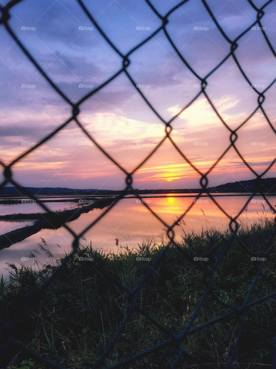 Metal fence in the form of rhombuses.  Sunset sky. Geometric shapes