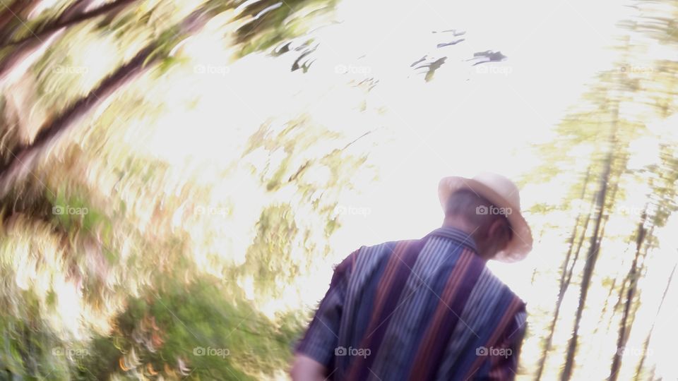 man walking through a forest