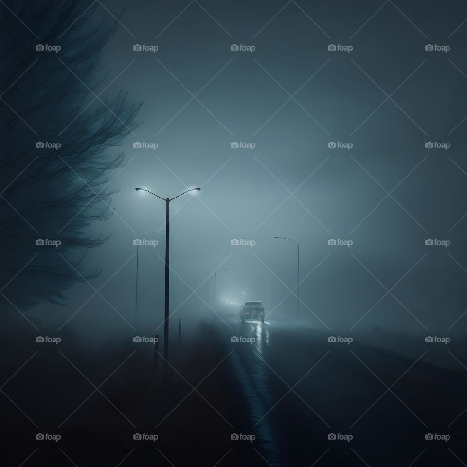 a car is driving on a foggy road, Cinematography