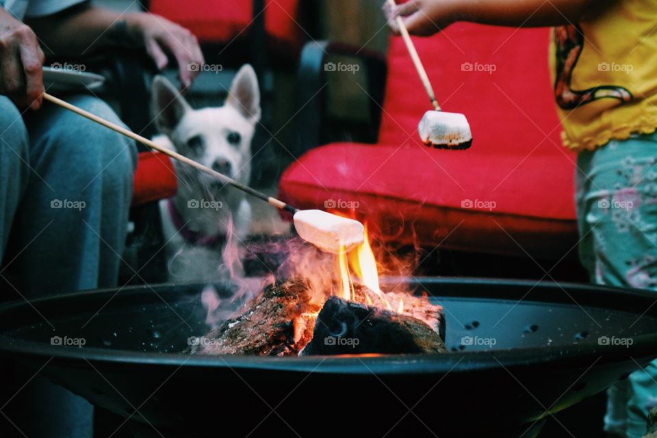 Person's hand roasting marshmallows in campfire