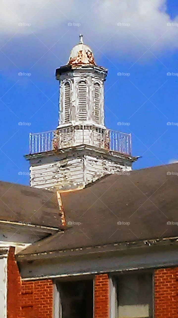 historic school roof and tower closeup