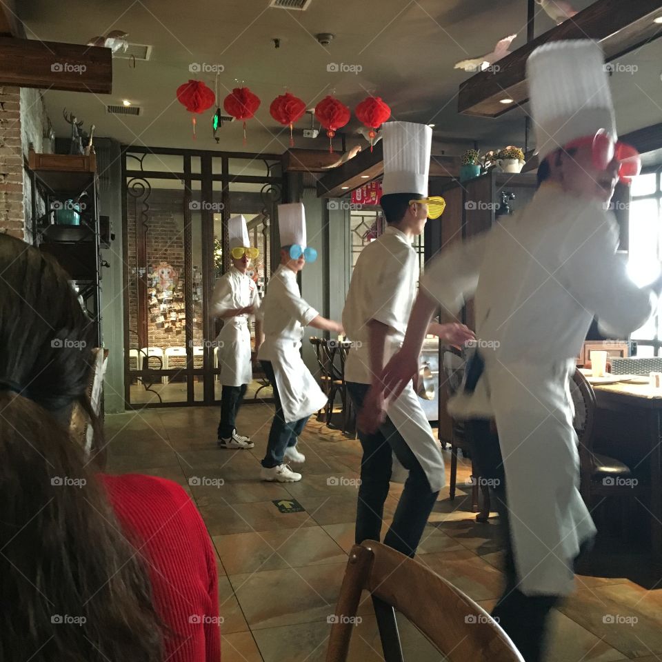 Chefs dancing at 57 degrees, a chain restaurant in China
