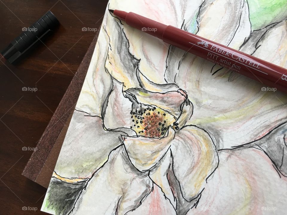 Flat lay Watercolor sketch of flower on Wood table and sketchbook with colorful Faber-Castell PITT Artist pens and Art Grip Pencils 