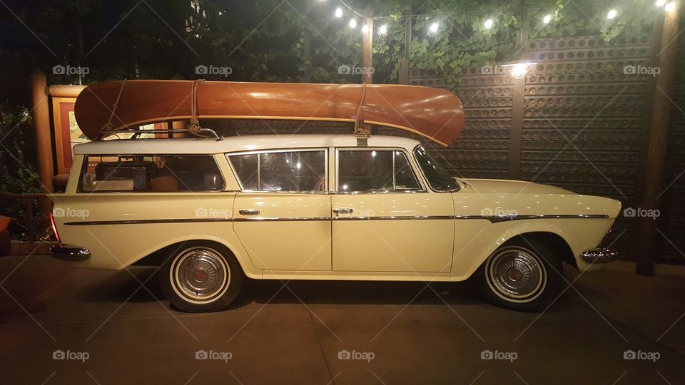 old station wagon on road trip